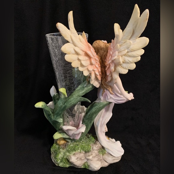 Ok Lighting - Crackle Glass Flower Vase With Angel / Fairy Statue - Picture 3 of 14